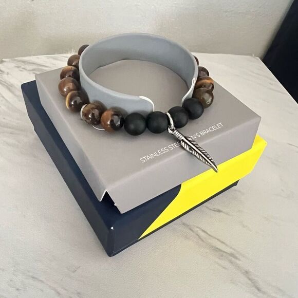 NAUTICA Tiger Eye Beaded Feather Charm Bracelet, Uni Sex, Brown/Black, NWT - Picture 5 of 15
